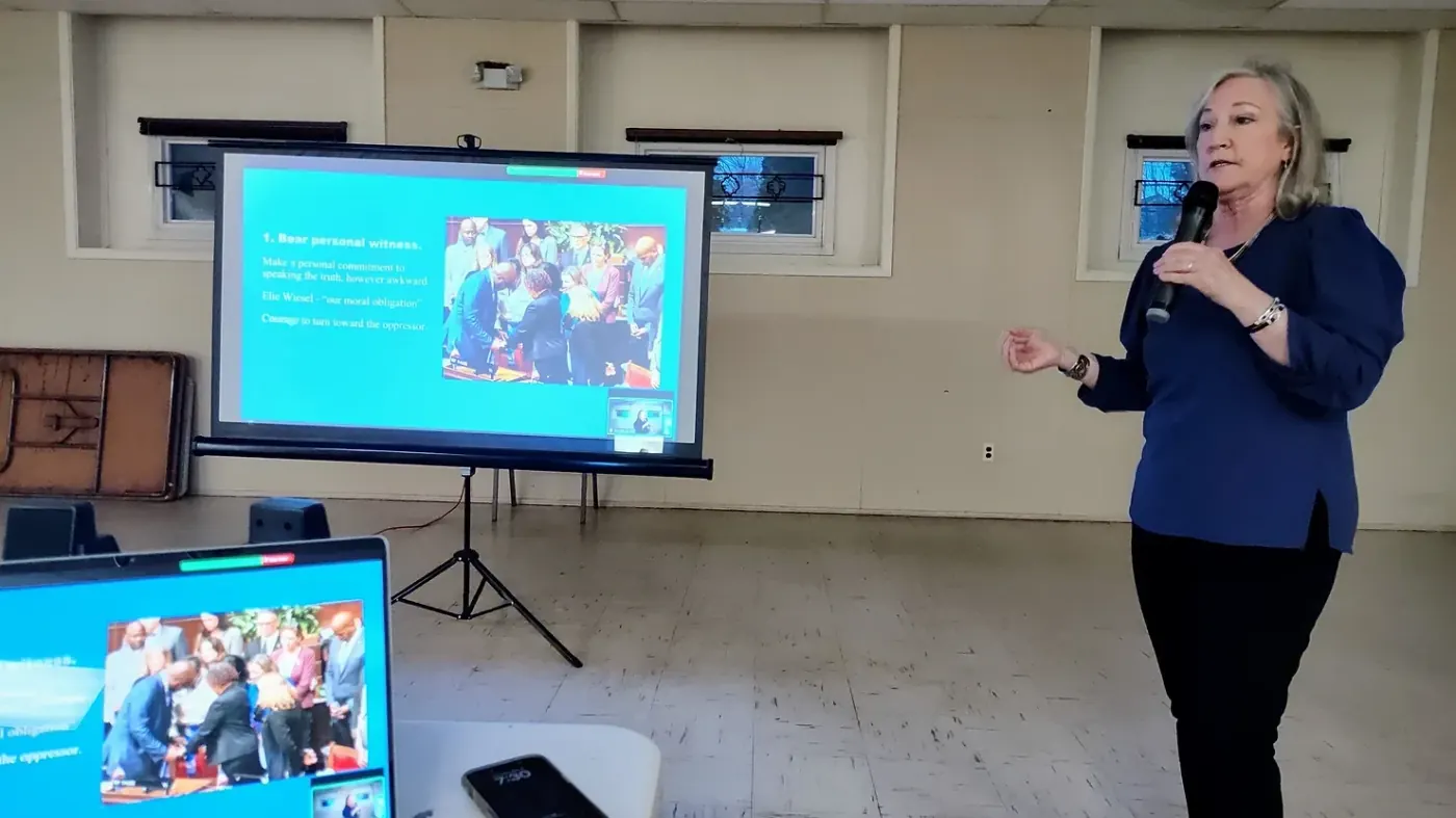 Christine Palm presenting Resisting Tyranny&nbsp;to the Stratford DTC and community members in April